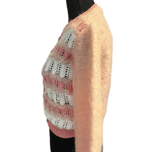 Fuzzy peachy pink and white cardigan - true vintage 90s - Picture 4 of 7
